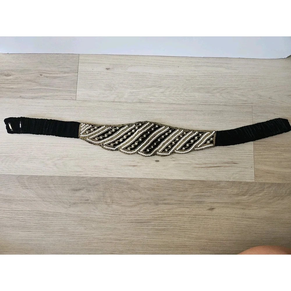Vintage Handcrafted Zardozi‎ Black Velvet Clutch and Belt Set Gold Pearl India